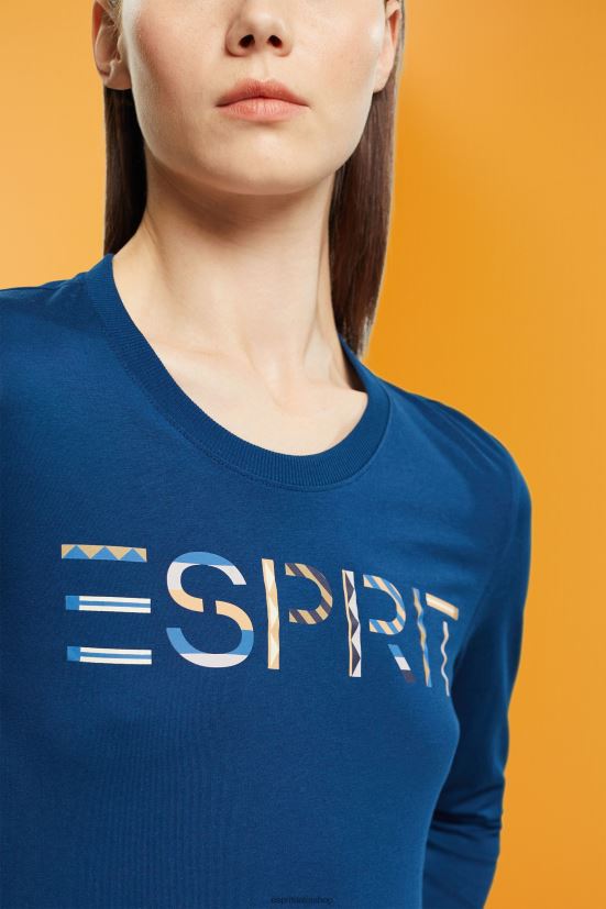 Esprit t-shirt a maniche lunghe con logo blu petrolio donne magliette 4RNDH462