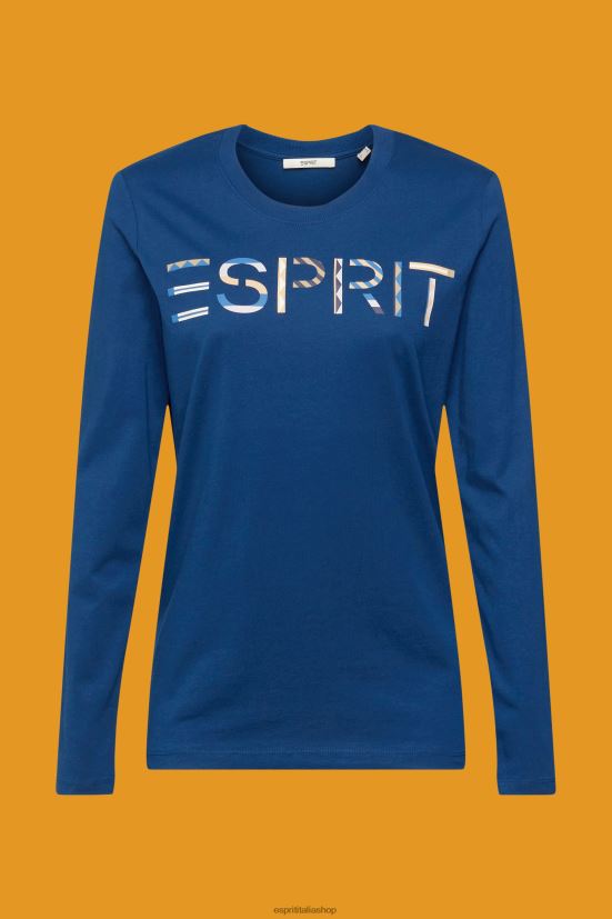 Esprit t-shirt a maniche lunghe con logo blu petrolio donne magliette 4RNDH462