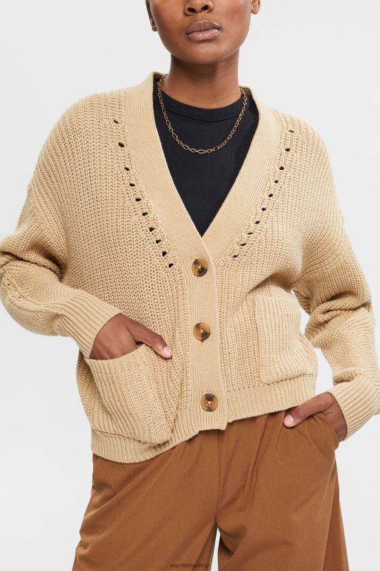 Esprit Cardigan in misto cotone a maglia grossa sabbia donne maglioni 4RNDH392