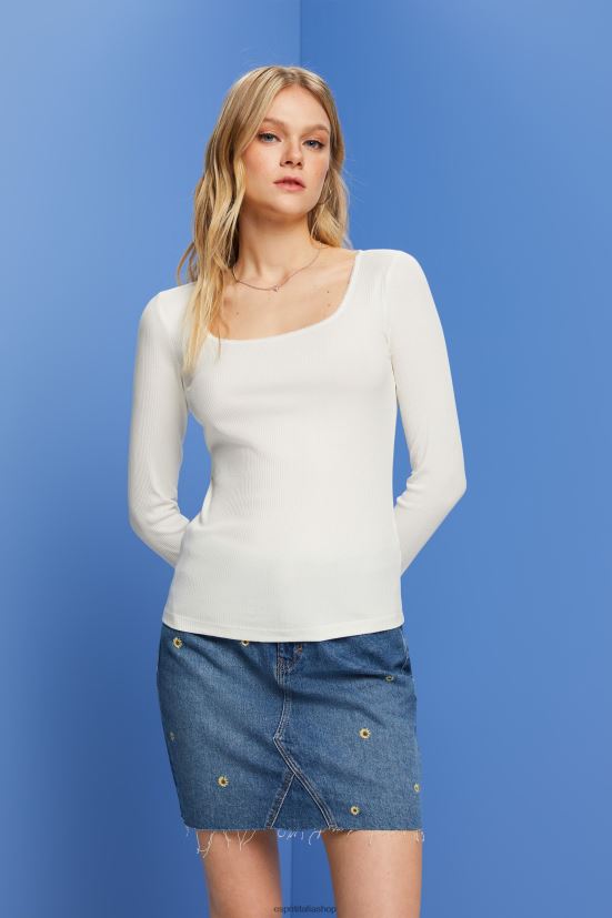 Esprit top a maniche lunghe a coste bianco donne manica lunga 4RNDH89