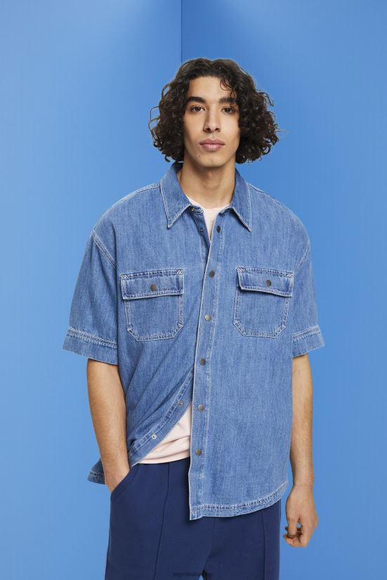 Esprit camicia squadrata in denim a maniche corte lavaggio medio blu uomini camicie 4RNDH670 - Clicca l'immagine per chiudere