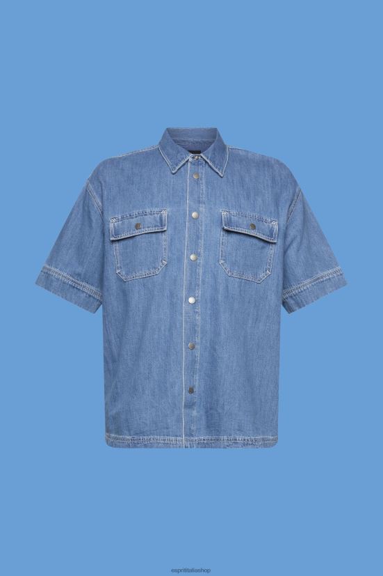 Esprit camicia squadrata in denim a maniche corte lavaggio medio blu uomini camicie 4RNDH670