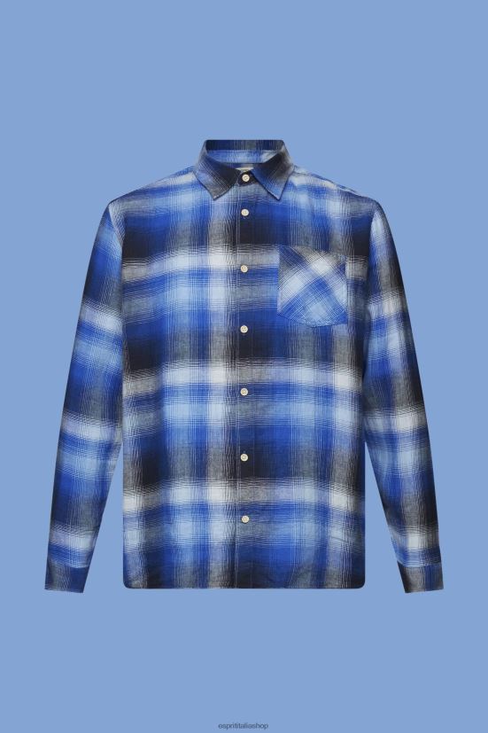 Esprit camicia tartan a quadri in misto cotone e canapa blu uomini camicie 4RNDH715