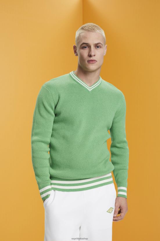 Esprit maglione in cotone sostenibile con scollo a V verde uomini maglioni 4RNDH726