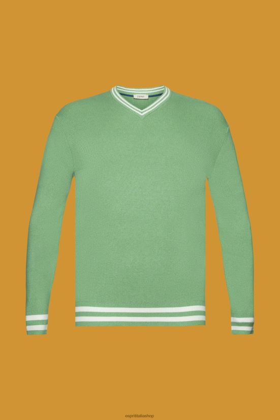 Esprit maglione in cotone sostenibile con scollo a V verde uomini maglioni 4RNDH726