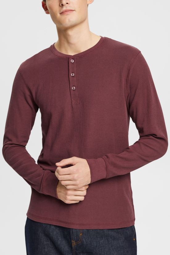 Esprit Top in piquet waffle a maniche lunghe, 100% cotone rosso bordeaux uomini manica lunga 4RNDH823